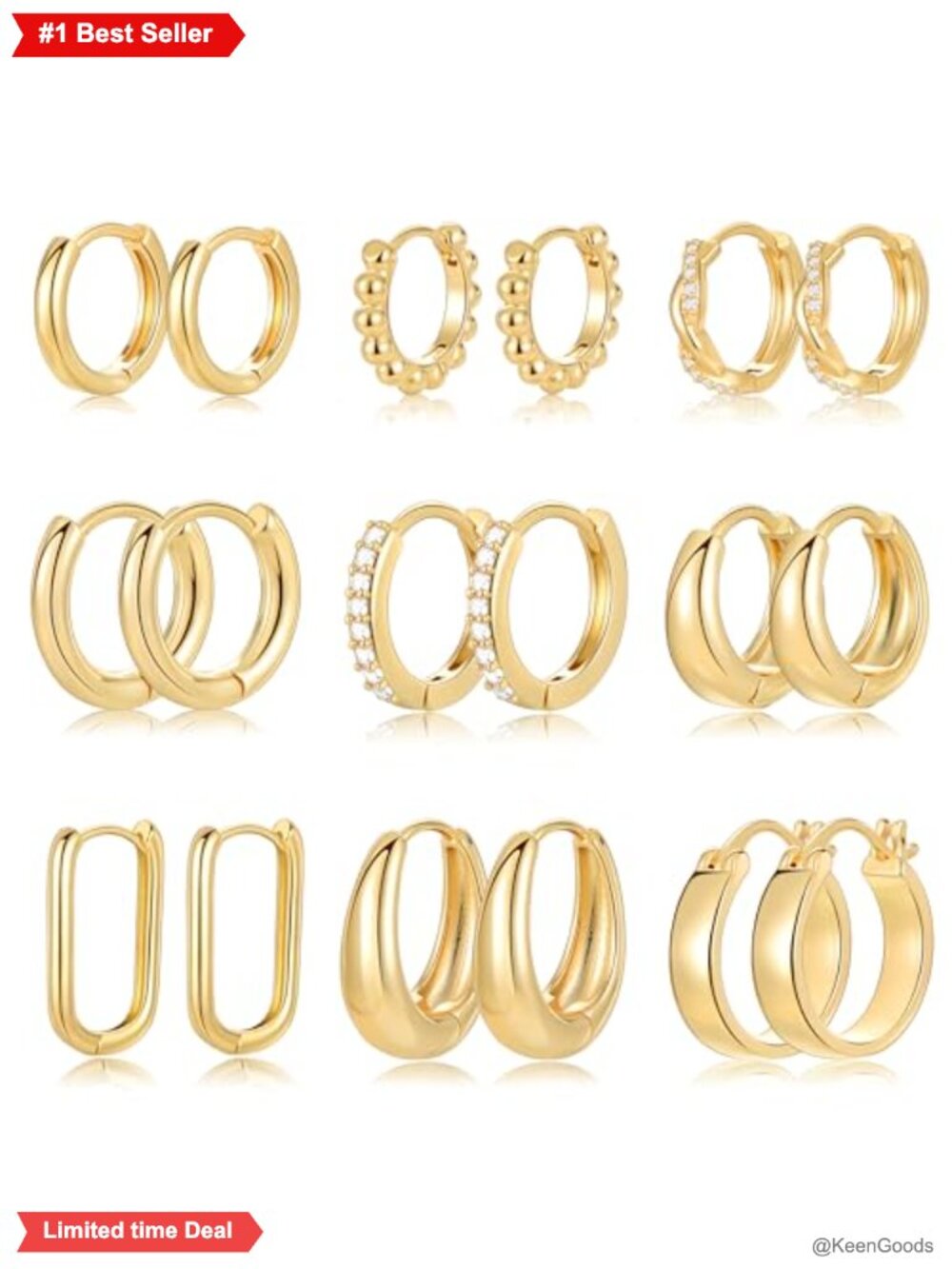 9 Pairs Chunky Hoop Earrings Set Hypoallergenic Brass Top Buckle